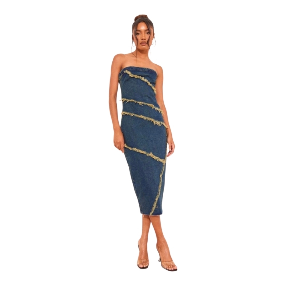 Pretty Little Things Strapless Fringe Seam Midi Denim Dress Size 4